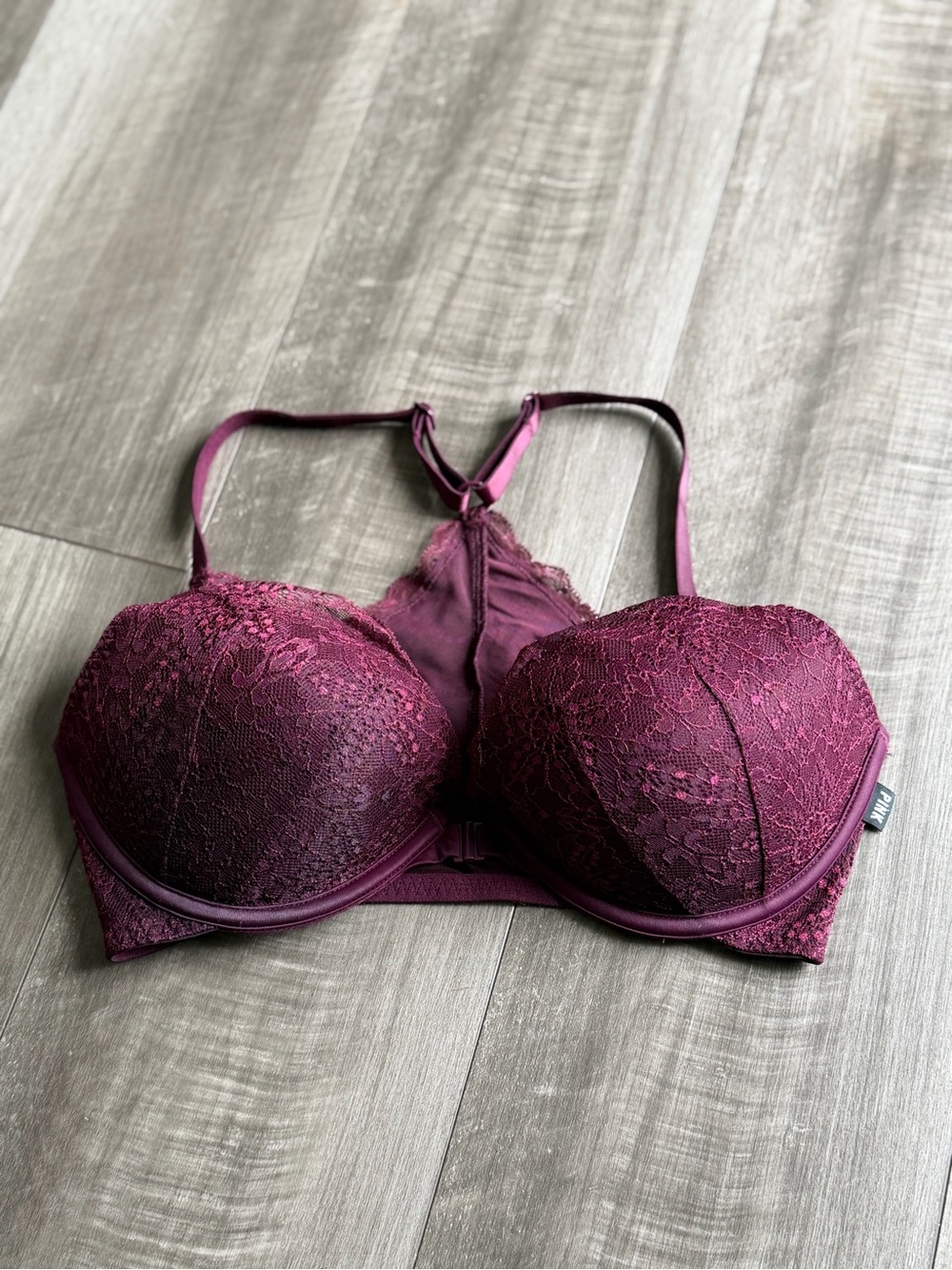 PINK Victoria's Secret Date Push Up Lace Front Closure Bra 32DD Burgundy Floral